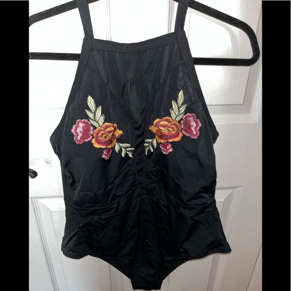 Super Cute One Piece Bathing Suit w/ Flower Print; Halter Top Style